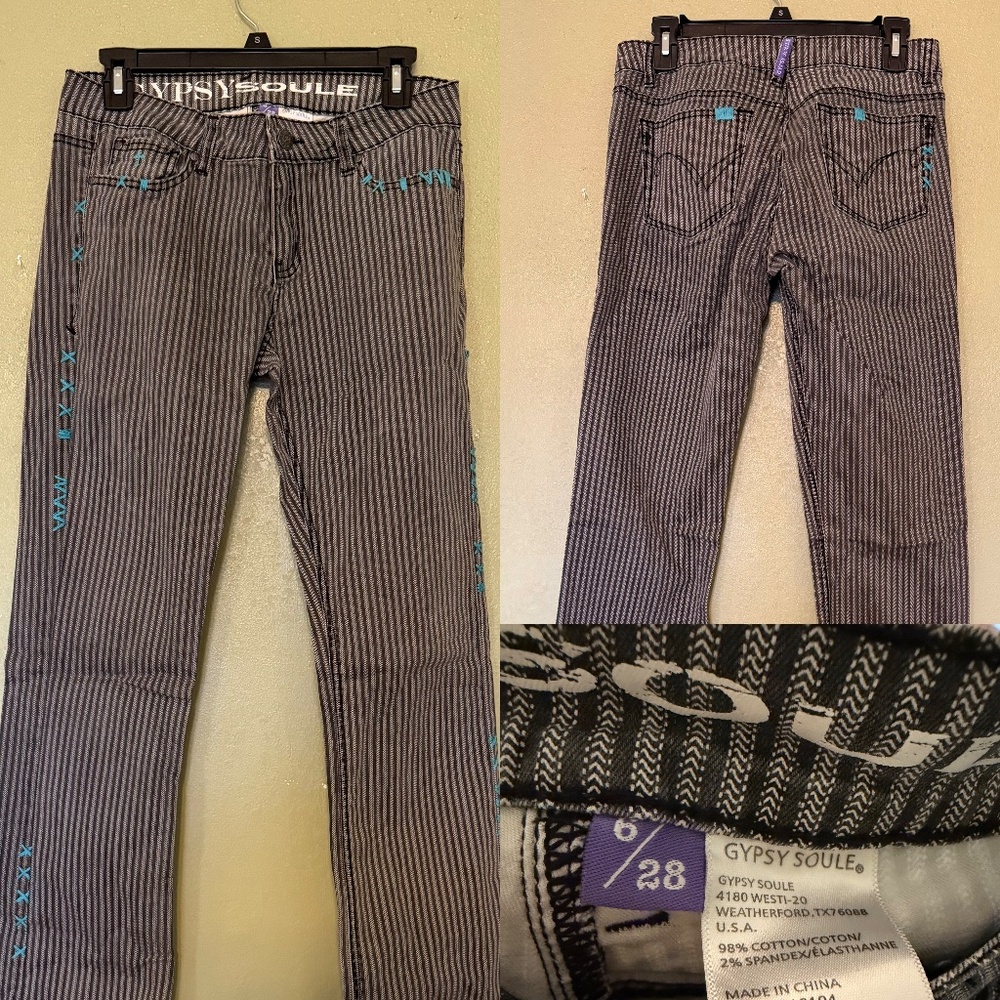 Gypsy Soul Black and White pinstriped Jeans with turquoise stitching